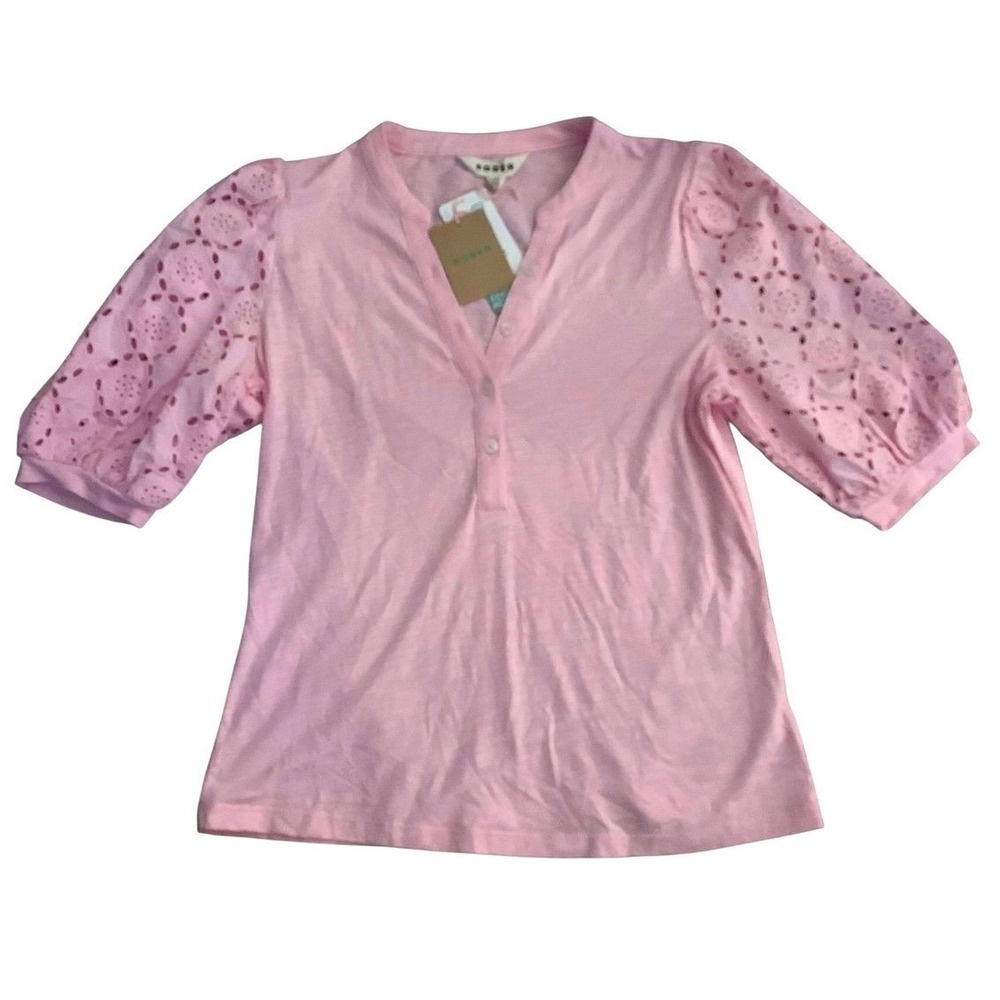 Boden Eyelet Puff Sleeve Henley Top Womens 6 Pink Cotton Modal Cottagecore T1740